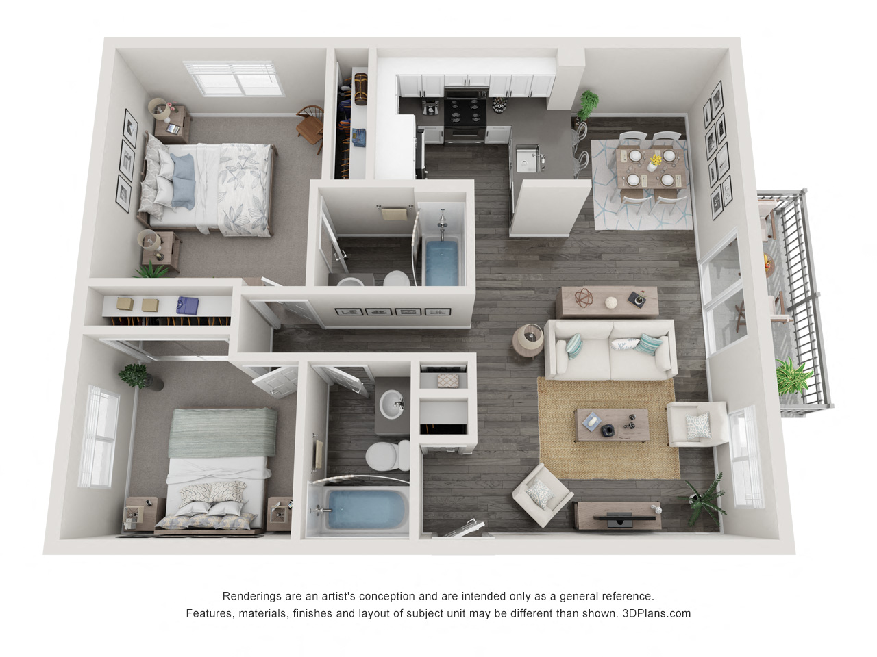 Floor plan for 2 beds, 2 baths, 858 sqft
